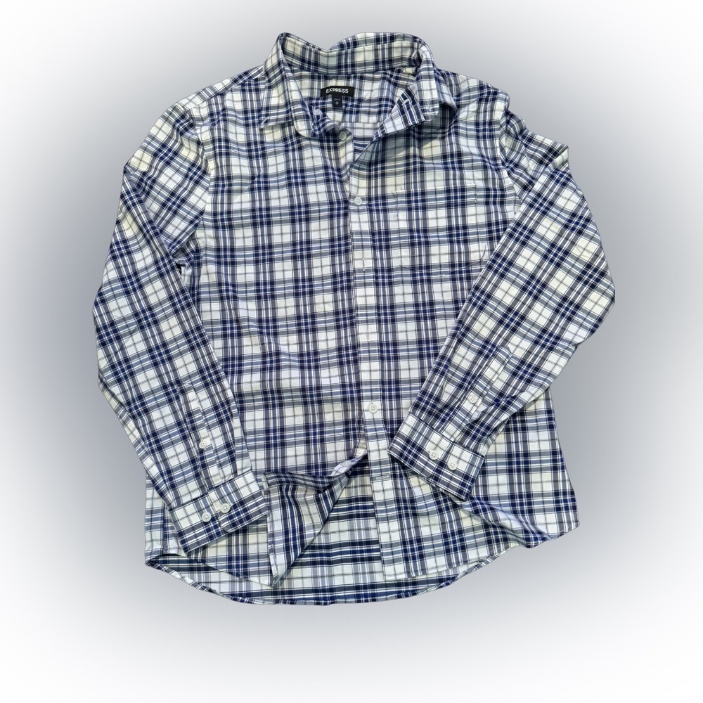 Express Men’s Blue & White Modern Fit Long Sleeve Plaid Button-Down Shirt M